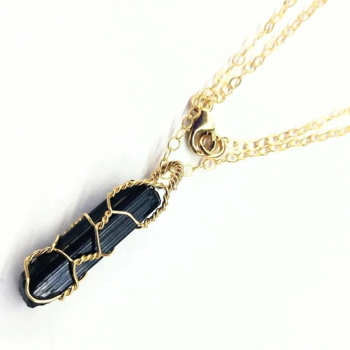 Messy Gold Wire Wrapped Black Tourmaline Pointed Crystal Pendant