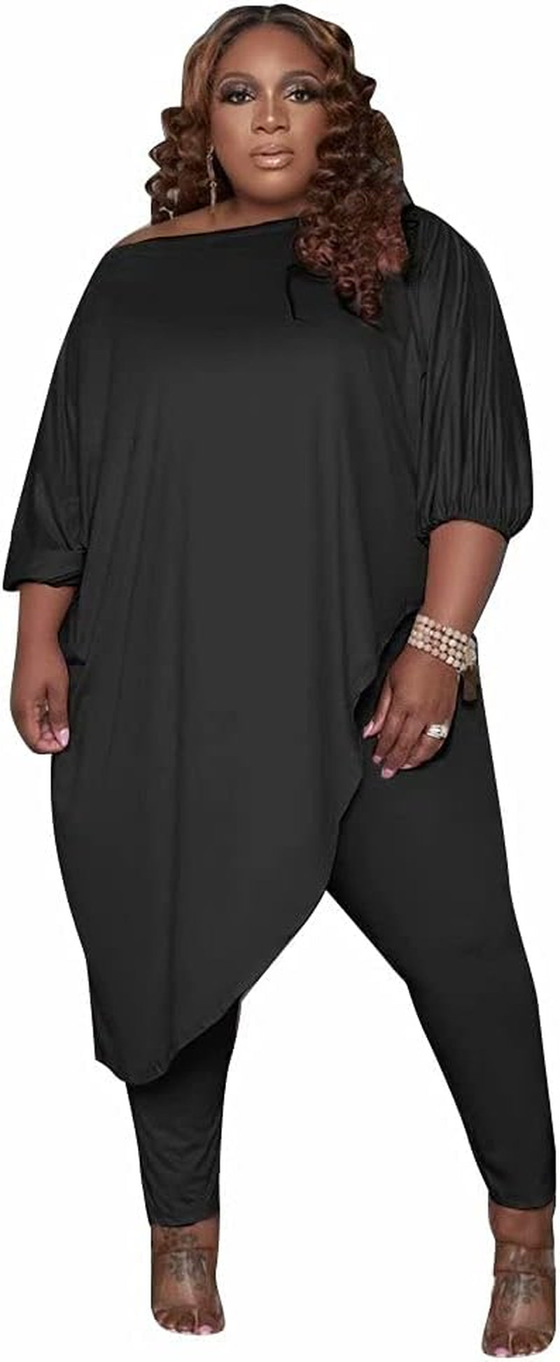 Plus Size Womens 2 Piece Outfits Tracksuits Long Sleeve Slant Shoulder Asymmetrica Tops Bodycon Pants Sweatsuit Sets