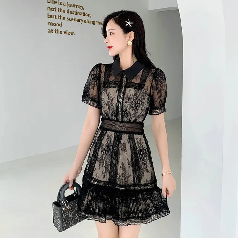 New Vintage Women'S Clothes Party Sexy Hollow Out Black Mini Short Sleeve Casual Female Mesh Lace Dress Vestido Robe