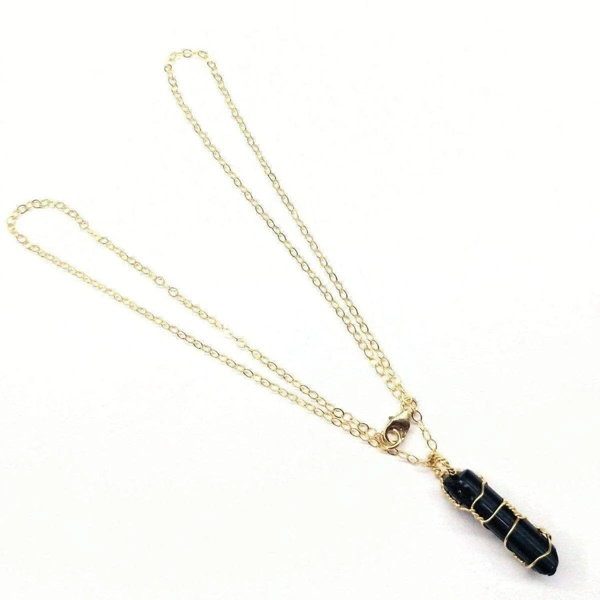 Messy Gold Wire Wrapped Black Tourmaline Pointed Crystal Pendant