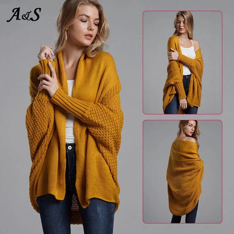 Oversized Sweater Cardigan Knitted Women'S Clothes Patchwork Batwing Sleeves Outerwear Female Winter plus Size Overcoat