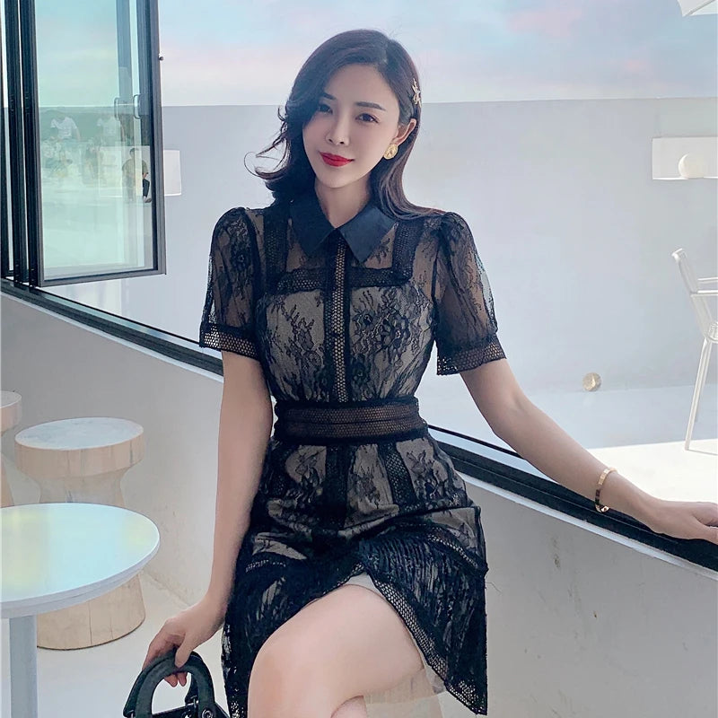 New Vintage Women'S Clothes Party Sexy Hollow Out Black Mini Short Sleeve Casual Female Mesh Lace Dress Vestido Robe