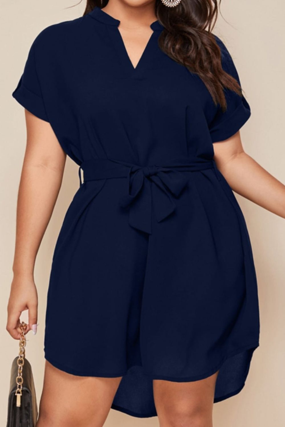 Plus Size Notched Tie Waist Mini Dress