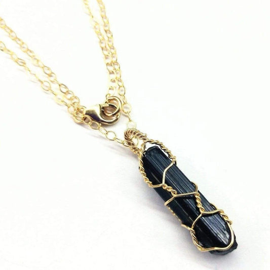 Messy Gold Wire Wrapped Black Tourmaline Pointed Crystal Pendant